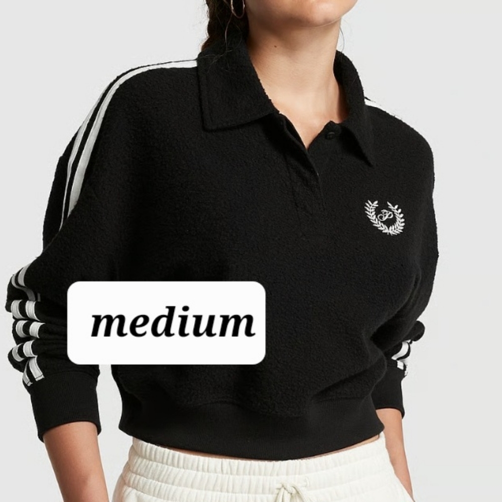 PINK REVERSE FLEECE CROPPED POLO SWEATSHIRT
